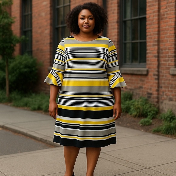 ILE New York Women's Size 18 yellow and black shift dress with ruffled sleeves. - Picture 1 of 5